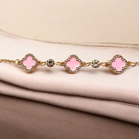 Elegant Pink Clover Rhinestone Gold Tone Bracelet - Picture 2 of 4